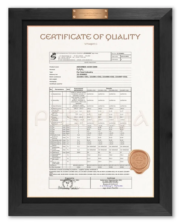 сертифікат якості вітамін С англійською мовою